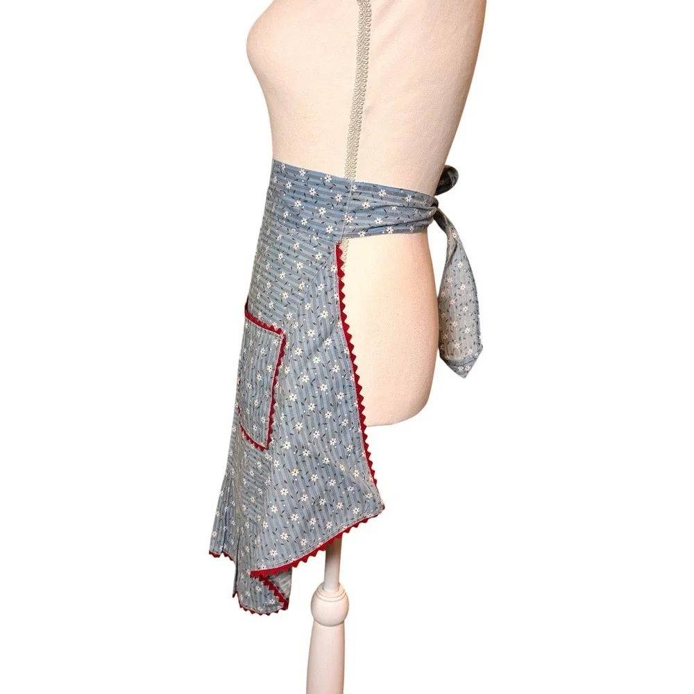 Vintage Handmade Blue Floral Half Apron Red Ric Rac Pocket Ruffle Cottagecore